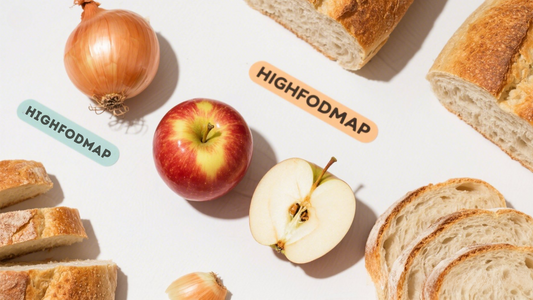 High-FODMAP foods including apples, onions, and bread arranged