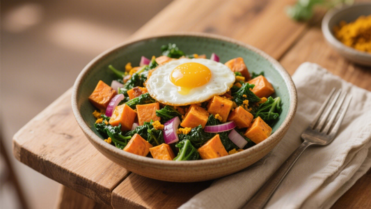 Savory Sweet Potato & Kale Hash with Sunny Side on top