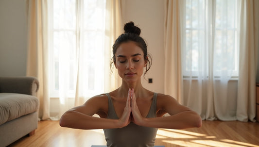Elegant and calming yoga flow by a woman in her 30s in a serene minimalist living space