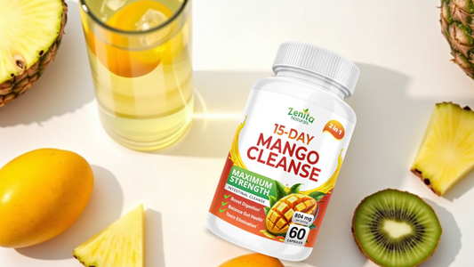 15 Day Mango Cleanse Flat Lay With Water And Fruit