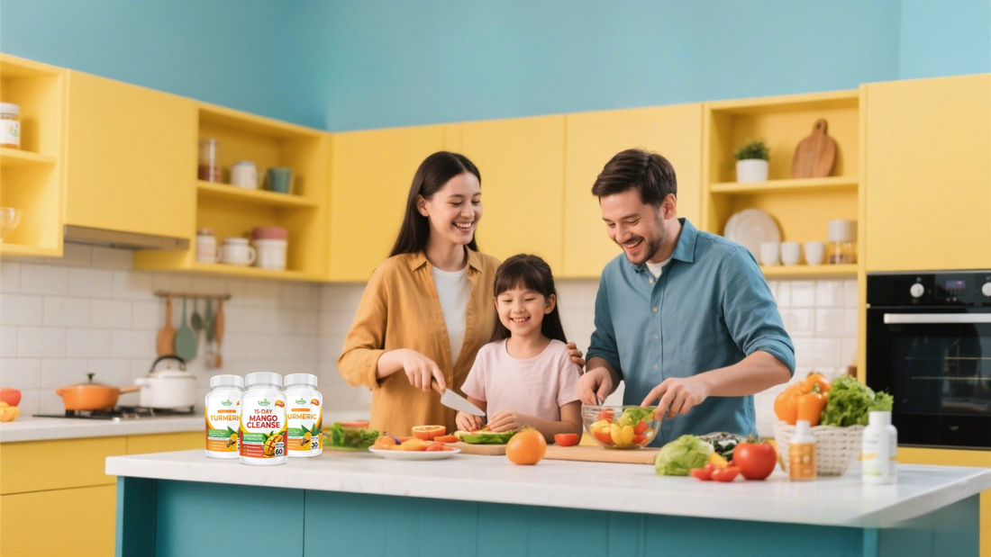 Happy family in kitchen preparing healthy food, Zenita Naturals products visible
