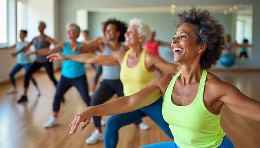 Diverse group of older adults exercising together