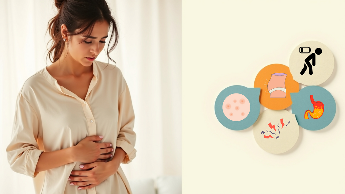 split-image of a woman holding her stomach on one side and infographic-style icons of bloating, gas, and fatigue on the other.