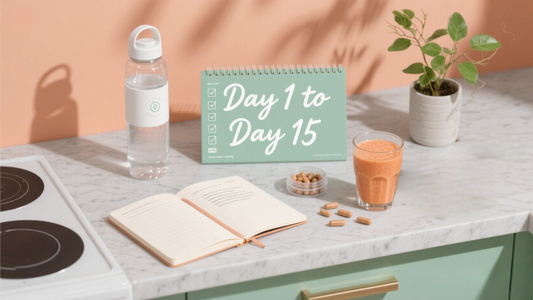 Flat Lay of 15-Day Cleanse Daily Routine with Herbal Capsules and Gut-Friendly Foods