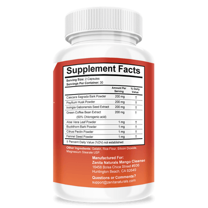 Supplement Facts for Zenita Naturals 15-Day Mango Cleanse Ingredients