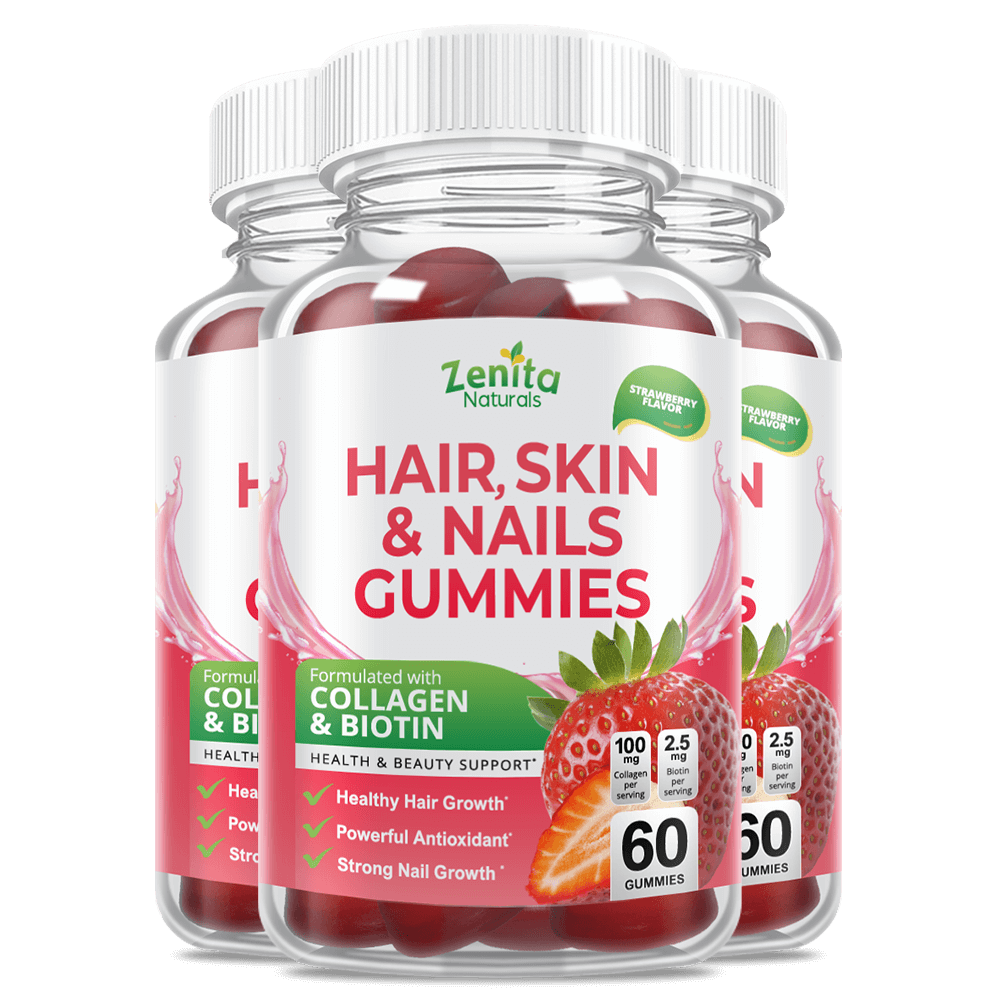 Zenita Naturals  Hair Skin Nails Gummies with Collagen and Biotin Triple Bottles Set Health & Beauty Support