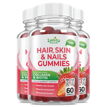 Zenita Naturals  Hair Skin Nails Gummies with Collagen and Biotin Triple Bottles Set Health & Beauty Support